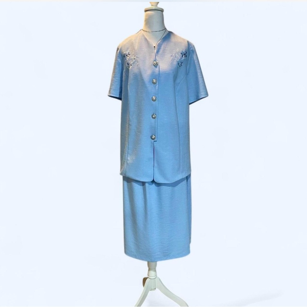 Blue Vintage 2 pieces Made In USA Size 18WP. Top-P-P23 L29 Skirt W 34-48 Elastic